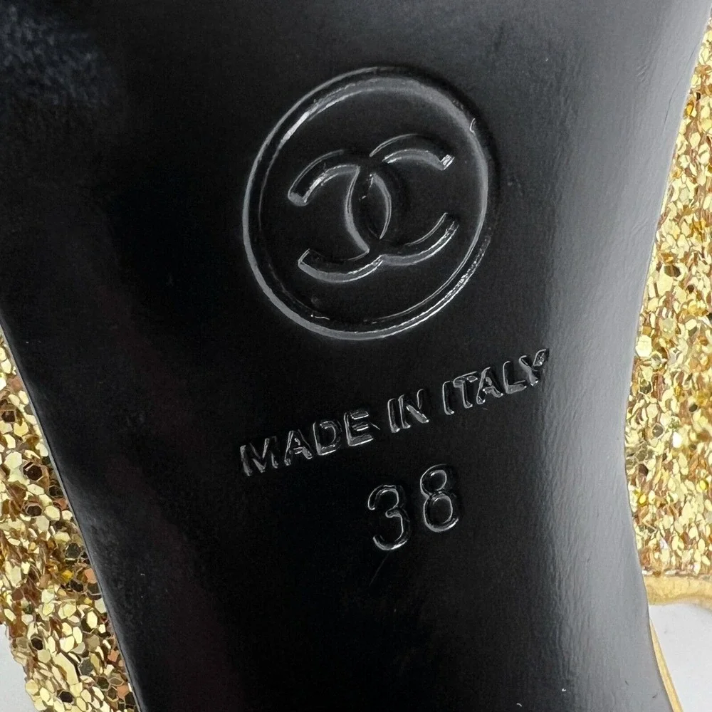 Chanel Gold Glitter Cap Toe Slingback Heels‎ Platform 38